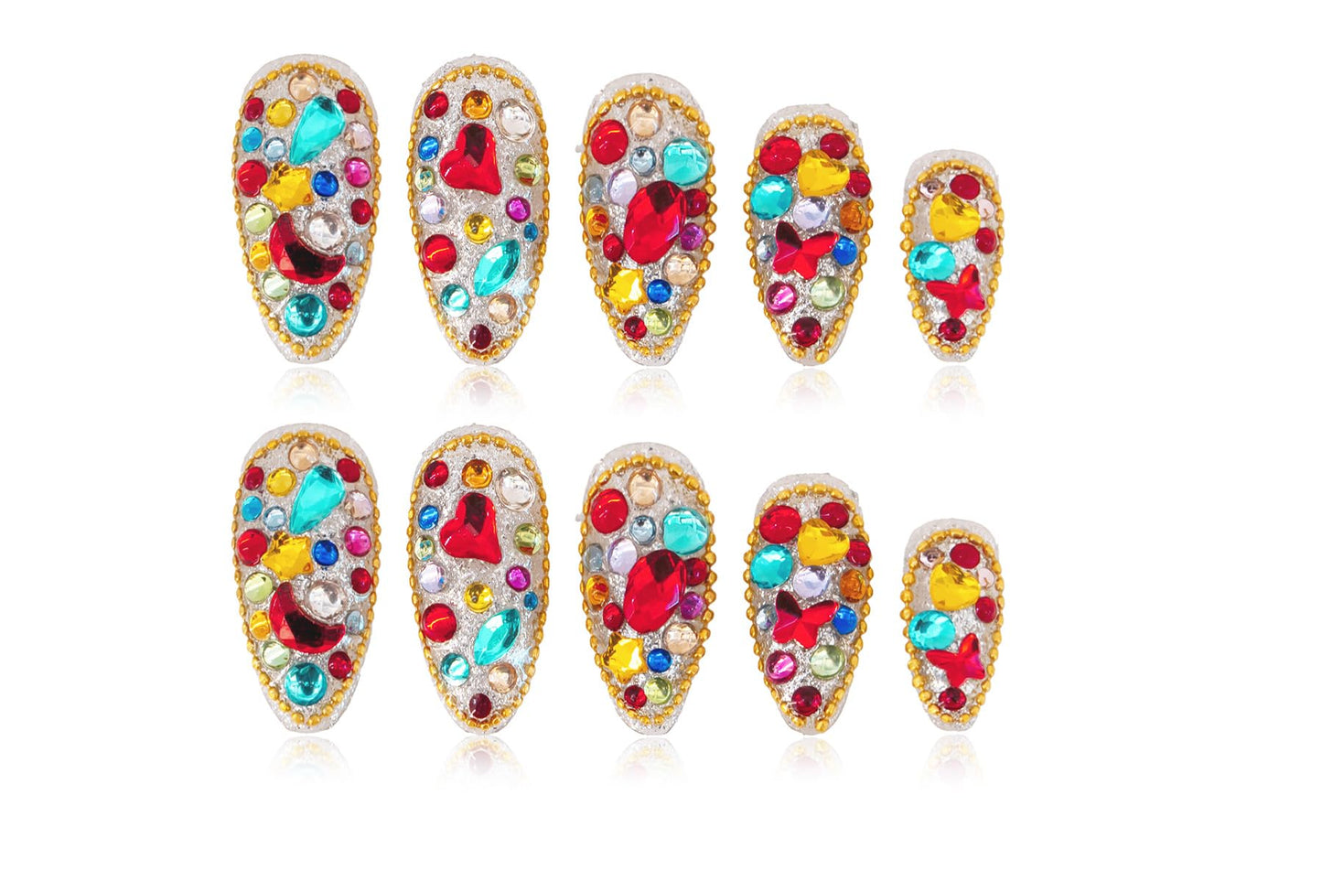 Atuhua 24Pcs Handmade Press-On Nails with Bling Rhinestones – Almond Medium Length, Colorful Design