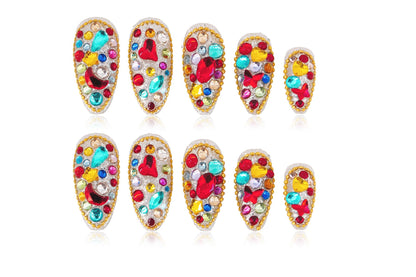 Atuhua 24Pcs Handmade Press-On Nails with Bling Rhinestones – Almond Medium Length, Colorful Design