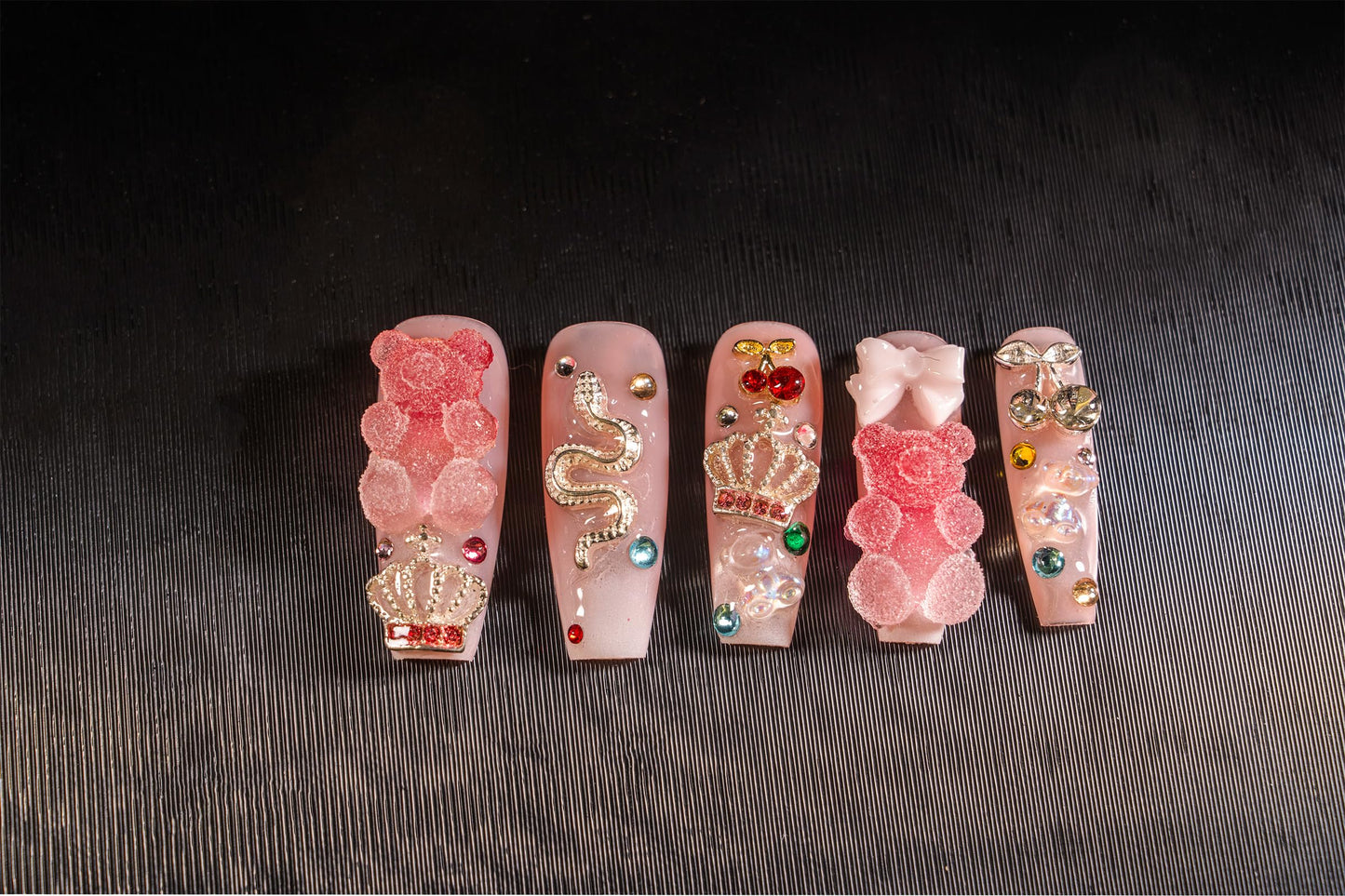 Atuhua 24Pcs Handmade Press-On Nails – 3D Pink Long Length Square Nails with Crystals