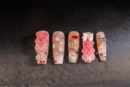 Atuhua 24Pcs Handmade Press-On Nails – 3D Pink Long Length Square Nails with Crystals