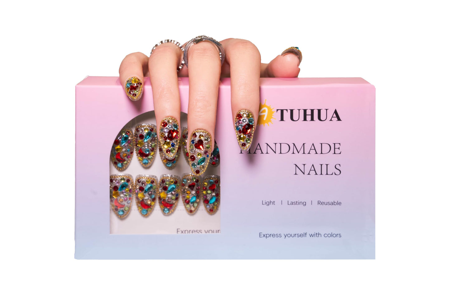 Atuhua 24Pcs Handmade Press-On Nails with Bling Rhinestones – Almond Medium Length, Colorful Design