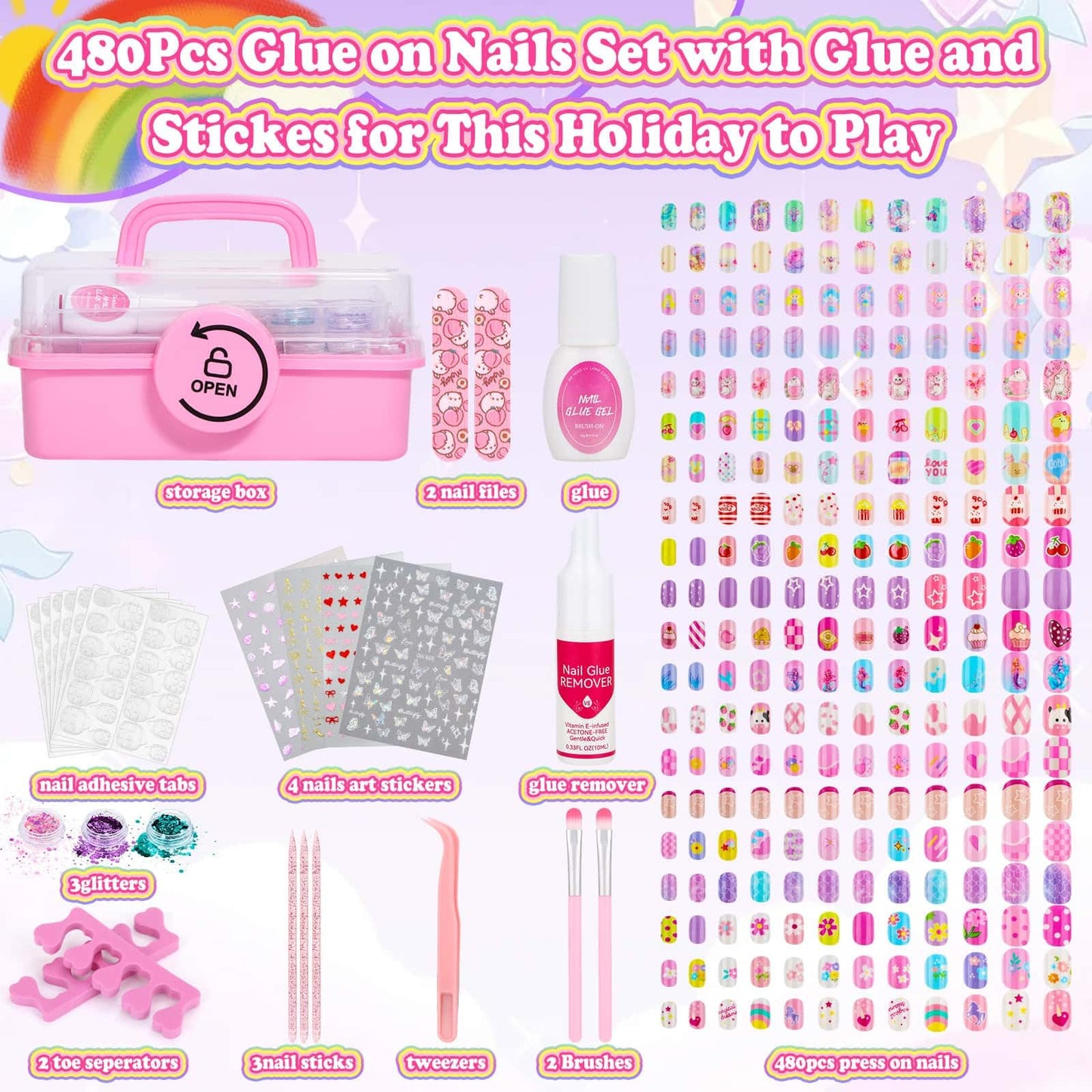 Audab 480 Pcs Kids Nails & Glue Kit — Press-On Nail Art for Girls 8–12
