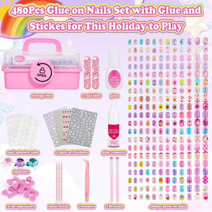 Audab 480 Pcs Kids Nails & Glue Kit — Press-On Nail Art for Girls 8–12