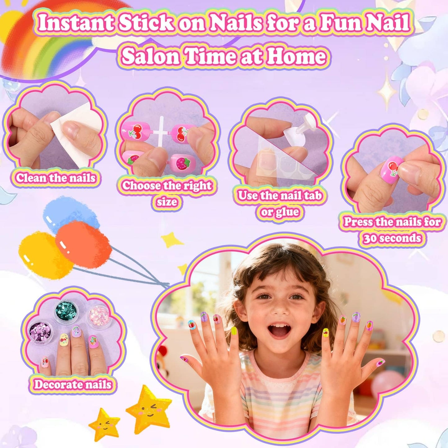 Audab 480 Pcs Kids Nails & Glue Kit — Press-On Nail Art for Girls 8–12