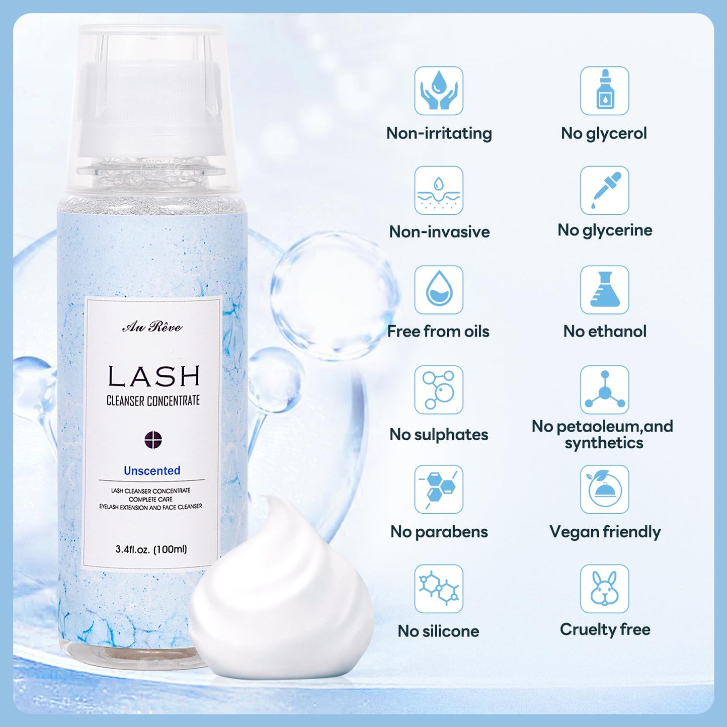 AuReve Lash Shampoo Concentrate 100ml – Oil-Free Eyelash Extension Cleanser (Salon & Home)
