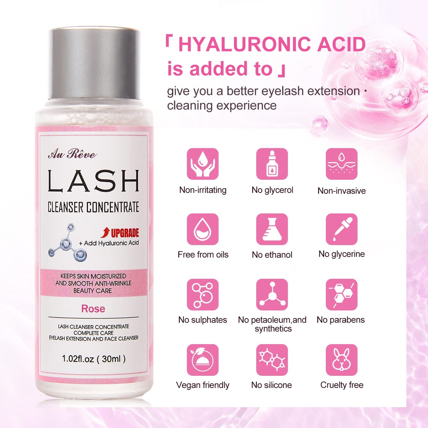 AuReve Lash Shampoo Concentrate 30ml – Dilute to 180ml with Hyaluronic Acid | Rose-Scented, Salon-Grade Lash Cleanser