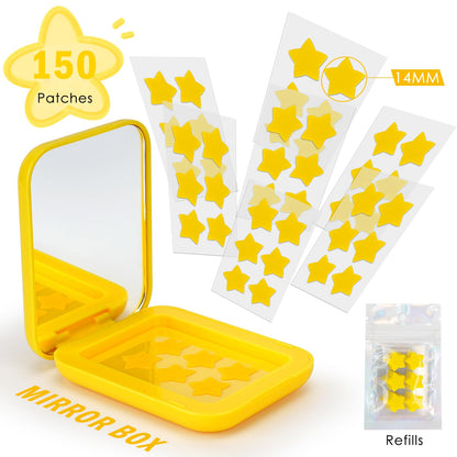 AUSLKA Star Pimple Patches - 150 Count Hydrocolloid Patches with Yellow Star Shape and Mirror