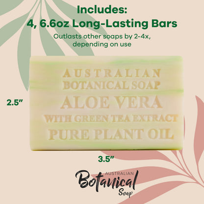 Australian Botanical Soap Aloe Vera with Green Tea Extract – 6.6 oz Luxury Bar, Pack of 4
