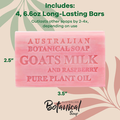 Australian Botanical Soap Goats Milk with Raspberry – 6.6 oz Luxury Bars, Pack of 4
