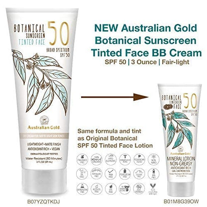 Australian Gold Botanical SPF 50 Tinted Face Mineral Lotion – Broad Spectrum, Water Resistant (3 oz)