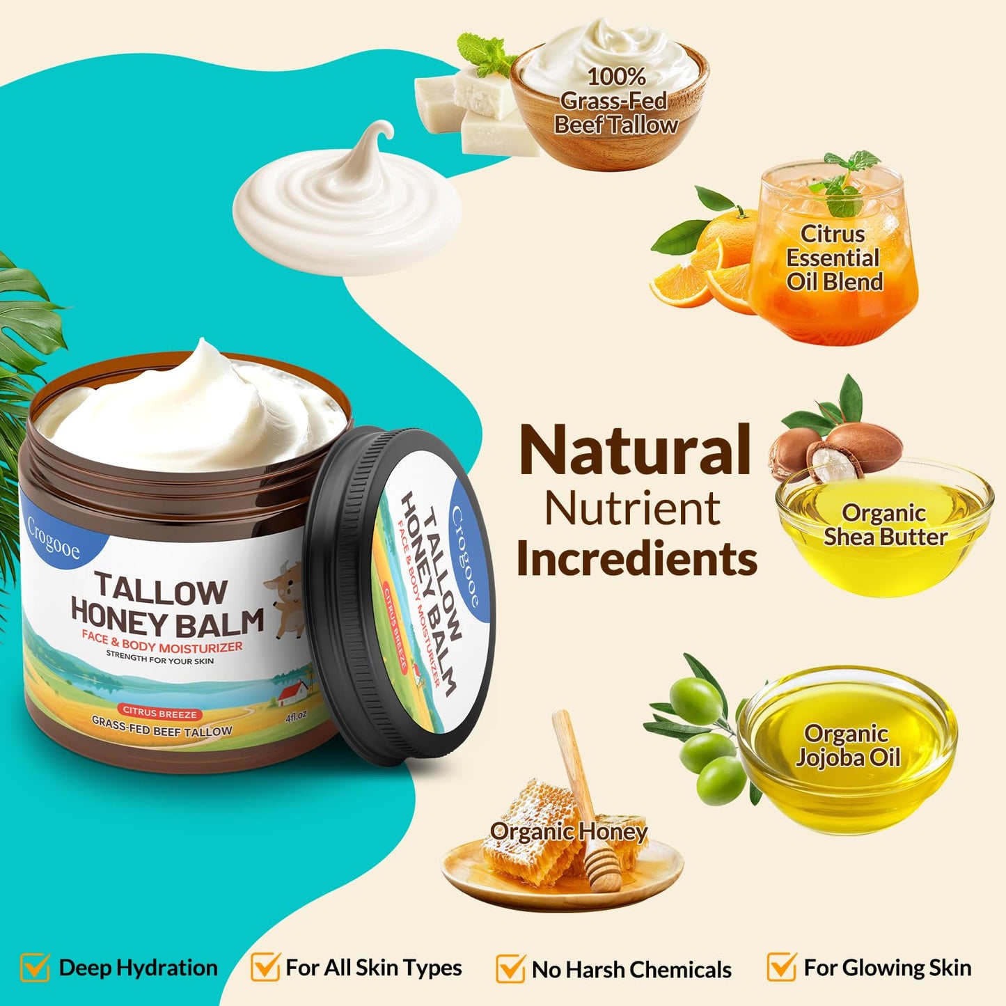 Auteli Beef Tallow Balm – 100% Grass-Fed Whipped Tallow & Honey Moisturizer (Citrus Breeze) 4 oz