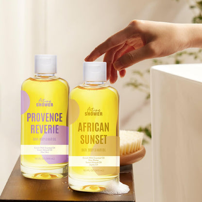 Autumn Shower Bath Oil Set – Sweet Almond, Lavender & Coconut, Multiuse Oil for Hair & Dry Skin (3 x 30 oz)