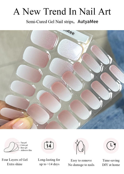 AutyaMee Semi Cured Gel Nail Strips – Chrome Ombre Beige, Pearl Glazed, 30 Pcs