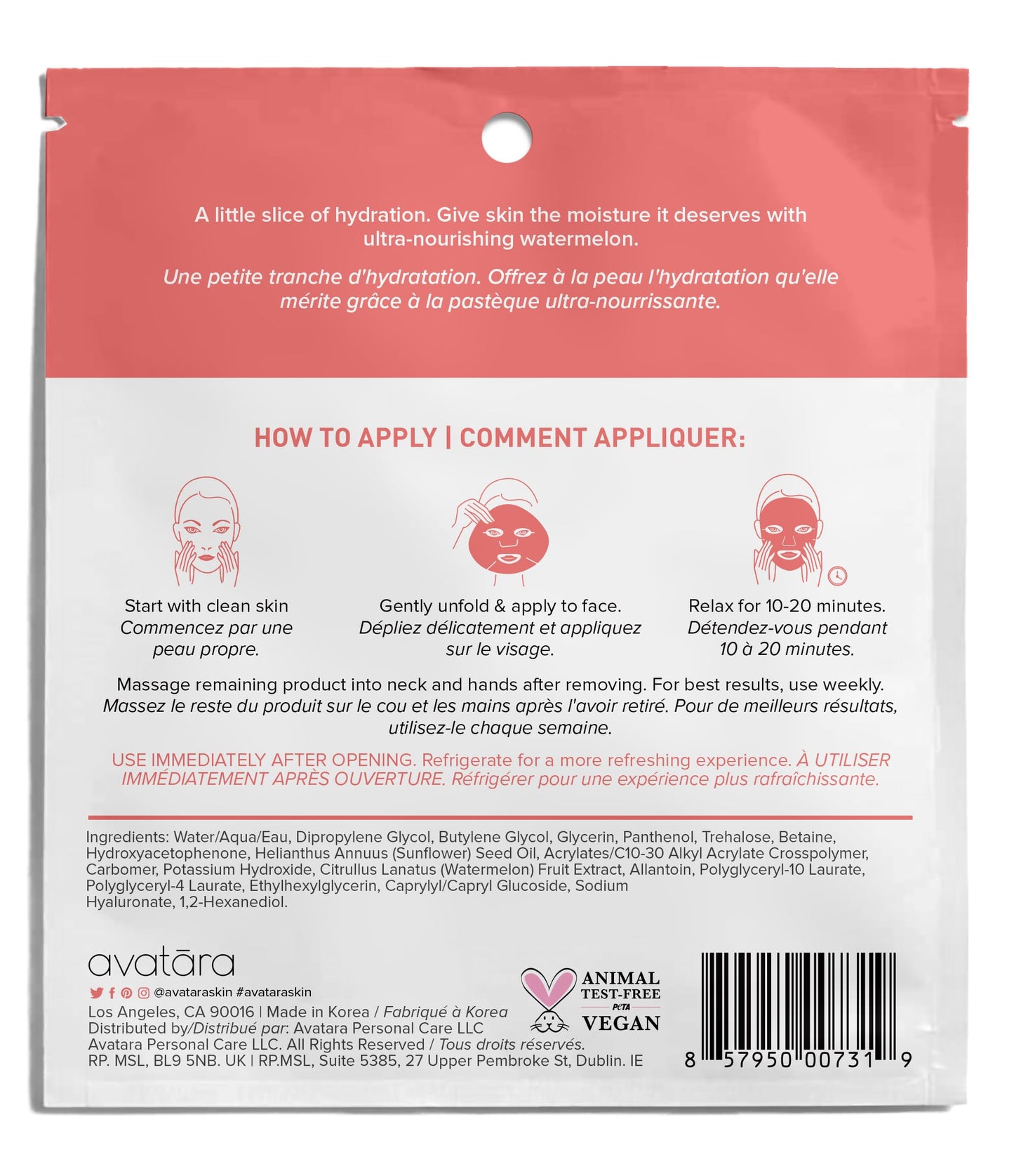 Avatara Juicy Watermellow Facial Mask – Hydrating 5-Pack with Watermelon & Hyaluronic Acid