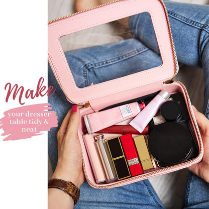 Aveniee Clear Makeup Bag Organizer - Large Pink Travel Toiletry Case, Waterproof PU Leather