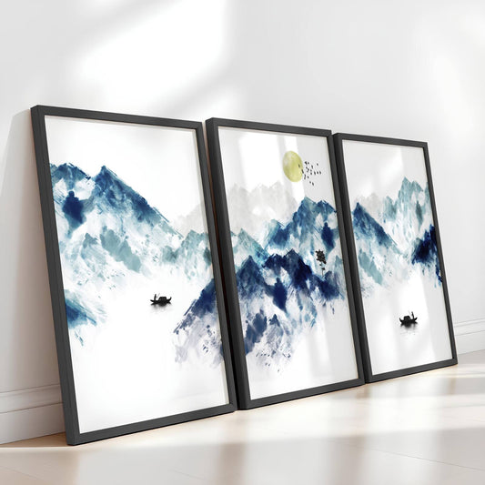 Oriental Wall Art Set of 3 Prints | Teal Japanese