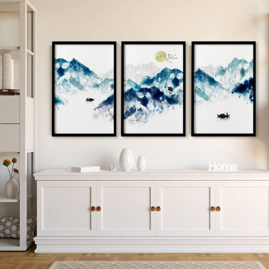 Oriental Wall Art Set of 3 Prints | Teal Japanese