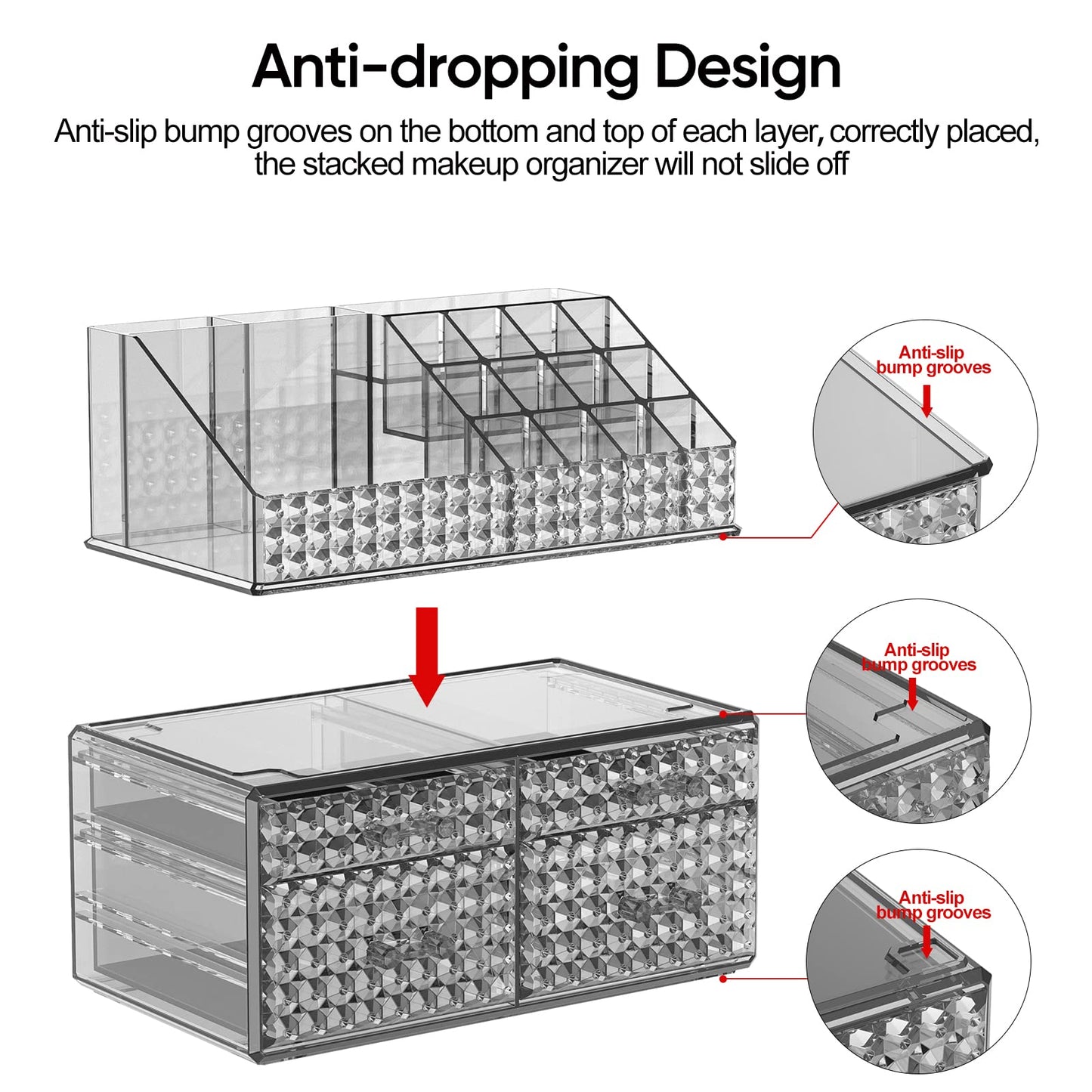 Awenia 2 Pack Stackable Makeup Organizer with Drawers – Acrylic Cosmetic Storage for Vanity, Brushes & Accessories