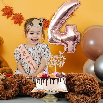 Awfrky 4th Birthday Decorations for Girls – Rose Gold Crown, Sash, Cake Topper & Balloons