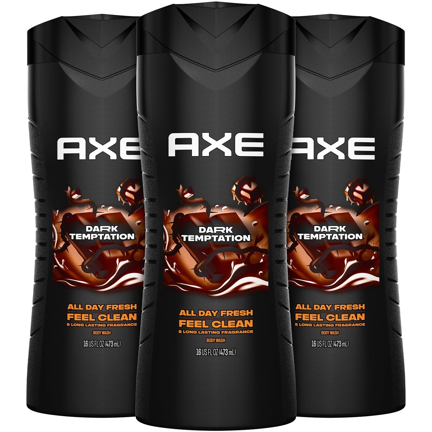 AXE Dark Temptation Men's Body Wash 3-Pack – 16 oz Each, 12-Hour Chocolate Scent