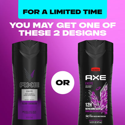 AXE Body Wash 12h Refreshing Scent Excite Crisp Coconut & Black Pepper, 16 oz
