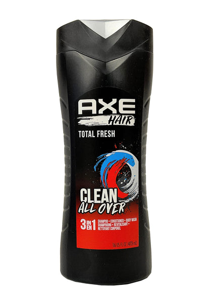 Axé Hair 3 in 1 Total Fresh Shampoo, Conditioner & Body Wash — Pack of 3 Bottles (16 oz each)
