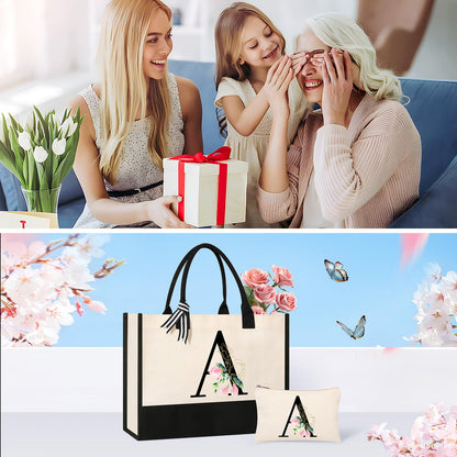 AYGE Personalized Initial Canvas Beach Tote – Monogrammed Gift Set for Women