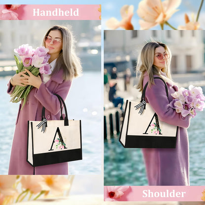 AYGE Personalized Initial Canvas Beach Tote – Monogrammed Gift Set for Women