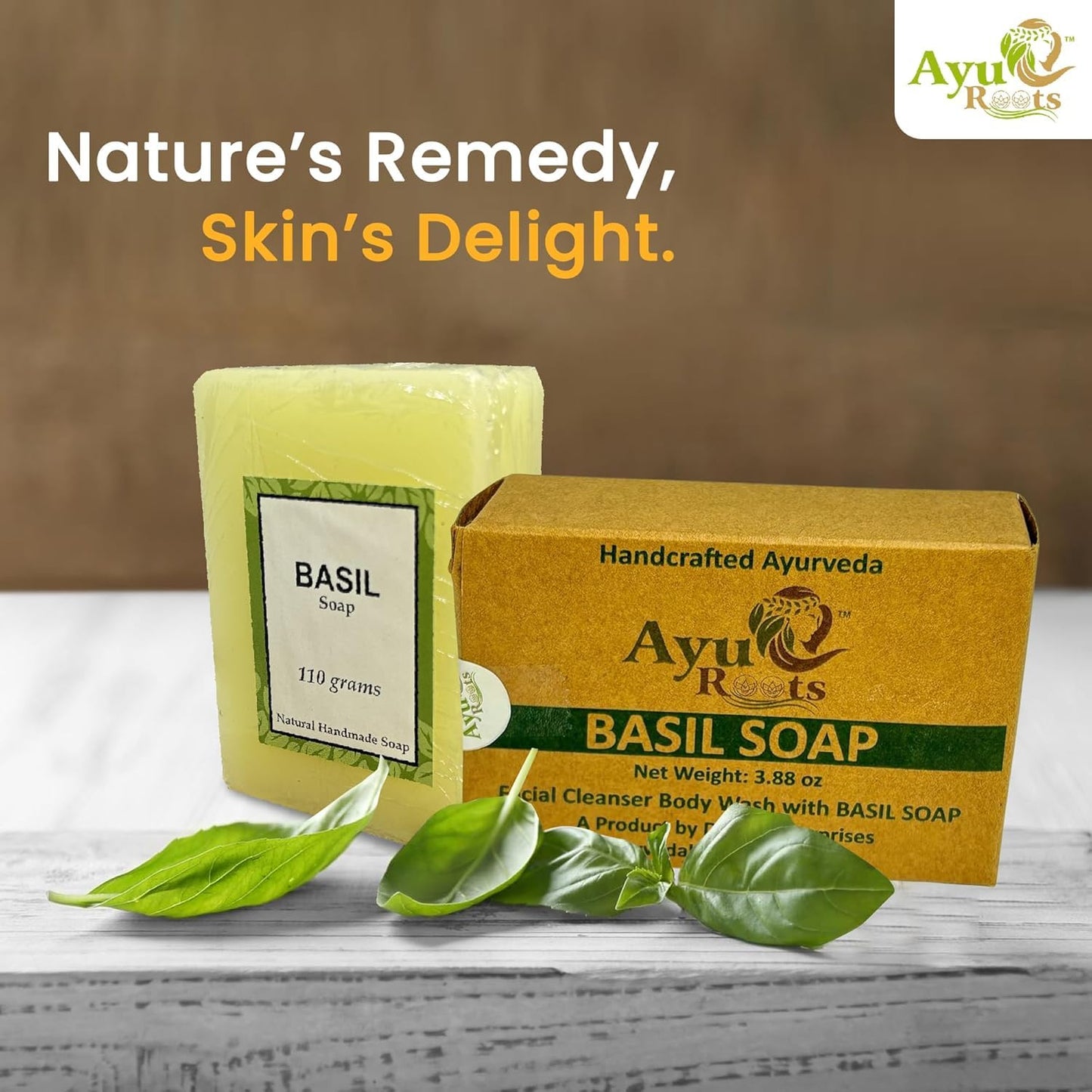 AyuRoots Ayurvedic Basil Soap Bar – Handmade with Authentic Indian Craftsmanship, 3.88 oz – Vegan for Face & Body