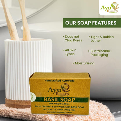 AyuRoots Ayurvedic Basil Soap Bar – Handmade with Authentic Indian Craftsmanship, 3.88 oz – Vegan for Face & Body