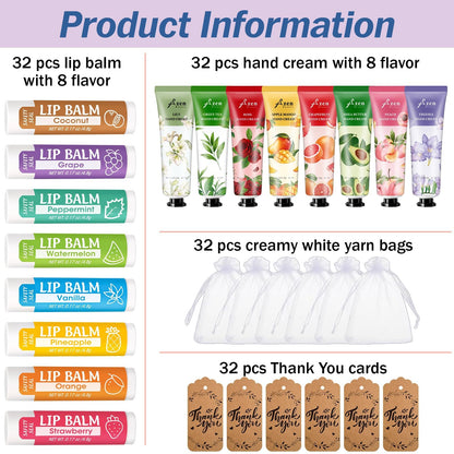 AZEN 32 Sets Bulk Gifts – Hand Cream & Lip Balm with Organza Bags & Thank You Cards