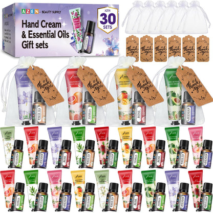 AZEN 30 Sets Bulk Gifts – Hand Cream & Essential Oils Gift Set for Guests & Weddings