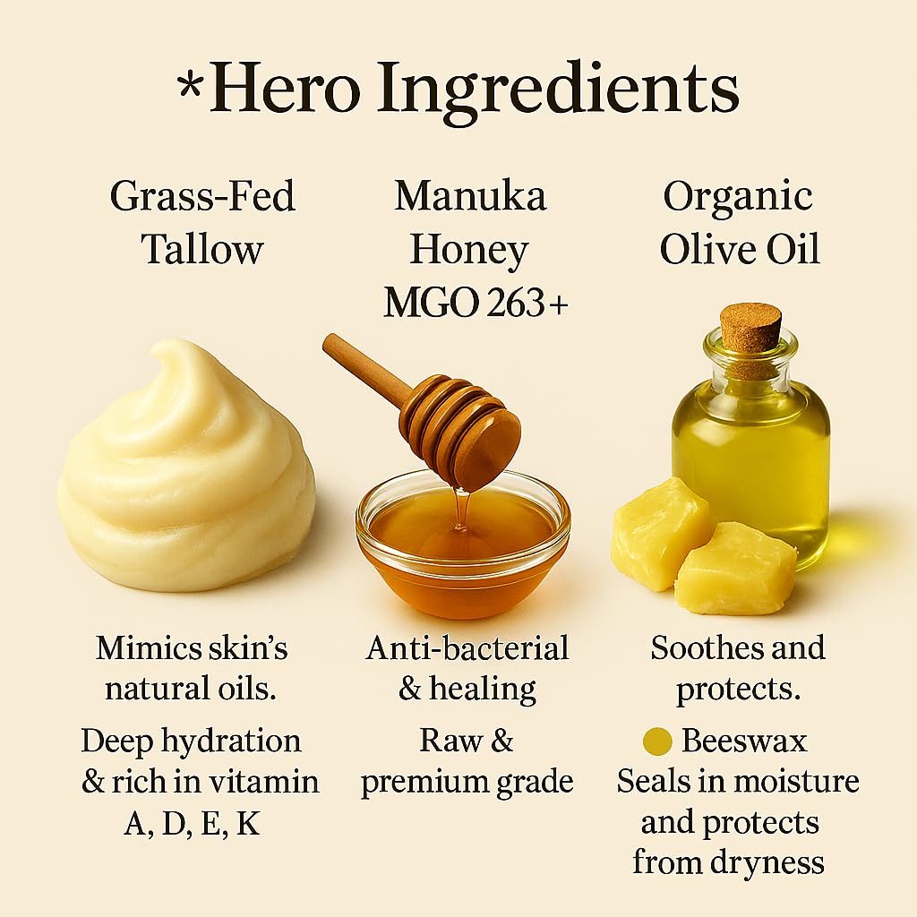 Azmera Beauty Beef Tallow Balm with Manuka Honey MGO263+ – 2oz Orange, Beeswax & Olive Oil, Handmade for Dry Skin