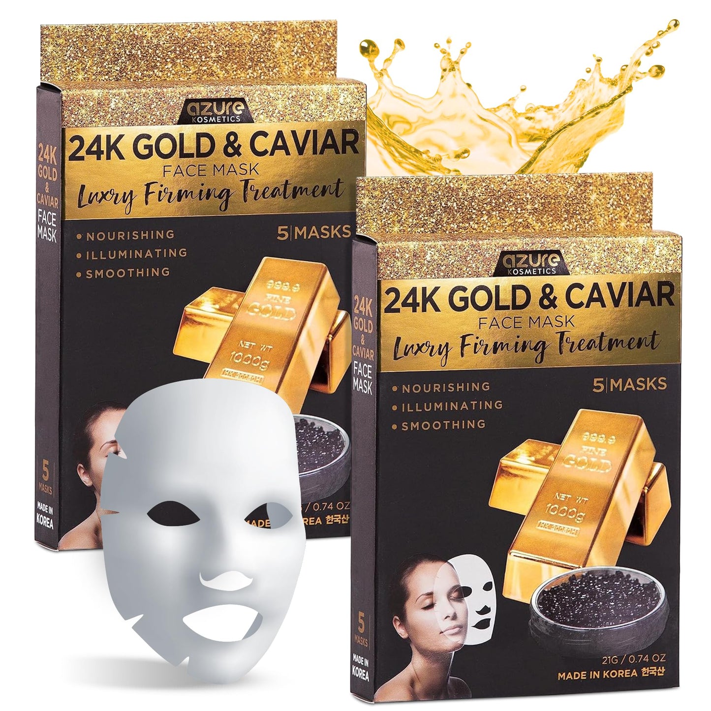 Azure Cosmetics 24K Gold & Caviar Anti-Aging Luxury Face Mask – Hydrating & Firming (Pack of 5)