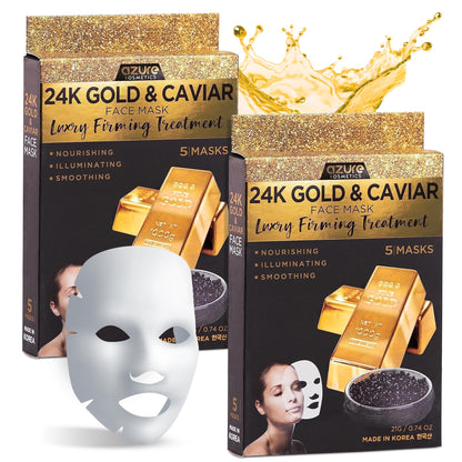 Azure Cosmetics 24K Gold & Caviar Anti-Aging Luxury Face Mask – Hydrating & Firming (Pack of 5)