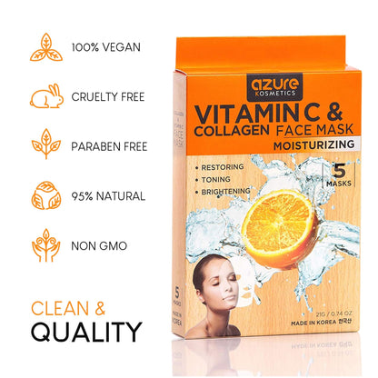Azure Cosmetics Vitamin C & Collagen Face Mask - Hydration, Radiance & Elasticity - Pack of 5