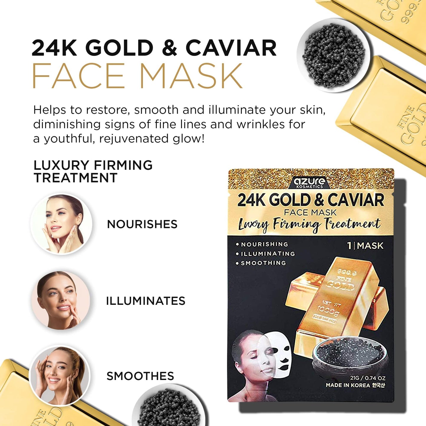 Azure Cosmetics 24K Gold & Caviar Anti-Aging Luxury Face Mask – Hydrating & Firming (Pack of 5)