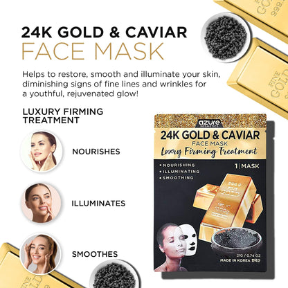 Azure Cosmetics 24K Gold & Caviar Anti-Aging Luxury Face Mask – Hydrating & Firming (Pack of 5)