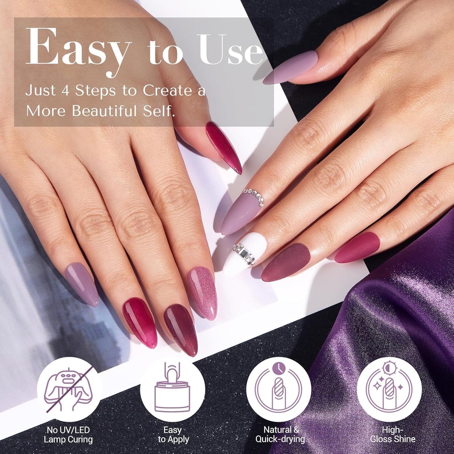 AZUREBEAUTY Dip Powder Nail Kit — 4-Color Set (Dark Purple, Lilac, Glitter) with Base, Top Coat & Activator