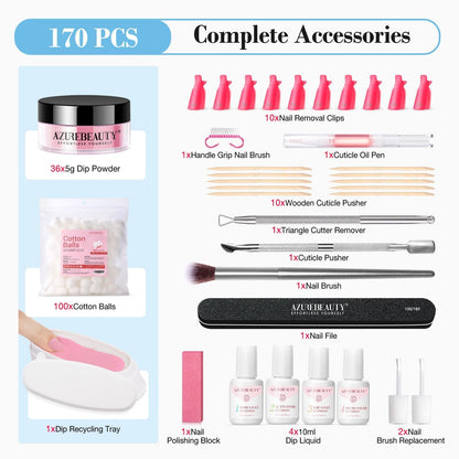 AZUREBEAUTY Dip Nails Powder Starter Kit – 36 Colors, No Lamp, DIY Salon-Quality Nails