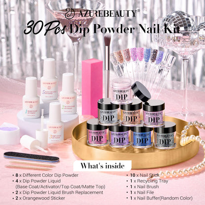 AZUREBEAUTY Dip Nails Powder Starter Kit — 8 Colors, 30 Pcs, No Lamp Needed