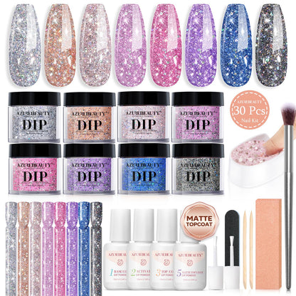 AZUREBEAUTY Dip Nails Powder Starter Kit — 8 Colors, 30 Pcs, No Lamp Needed
