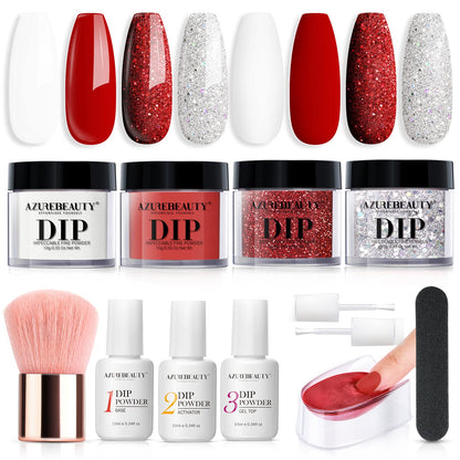 AZUREBEAUTY Dip Powder Nail Kit Berry Red Silver Glitter – 4-Color Dipping Powder Set, No Lamp Needed
