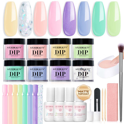AZUREBEAUTY 30Pcs Dip Powder Kit Starter – 8 Summer Macarons Colors (Pink, Pastel Blue, Green Glitter) + Base/Activator/Matte Top Coat