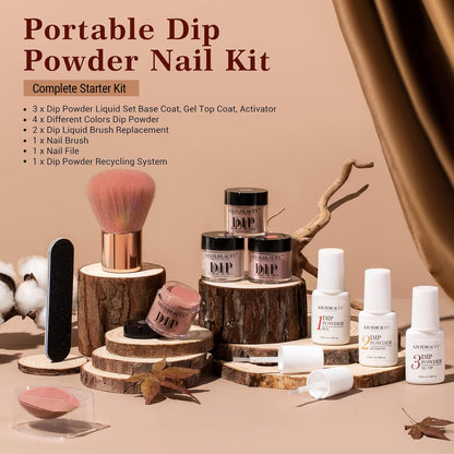 AZUREBEAUTY Dip Powder Nail Kit Starter — 4 Colors, No-Lamp, 12 Pcs with Base/Top Coat & Activator