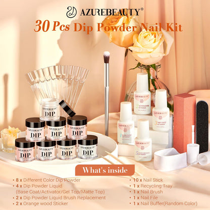 AZUREBEAUTY 30Pcs Dip Powder Nail Kit Starter with 8 Colors, Matte Top Coat, No Lamp Needed