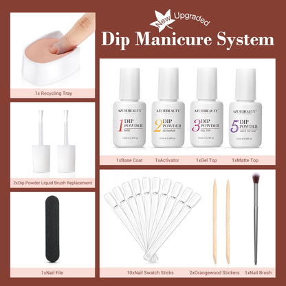 AZUREBEAUTY 30Pcs Dip Powder Nail Kit Starter - 8 Colors, Matte Top Coat, No Lamp Needed