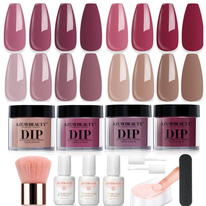 AZUREBEAUTY 4 Colors Dip Nails Powder Kit – Fall/Winter Brown & Purple with Base, Top Coat & Activator