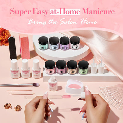 AZUREBEAUTY 30Pcs Dip Powder Kit Starter – 8 Summer Macarons Colors (Pink, Pastel Blue, Green Glitter) + Base/Activator/Matte Top Coat