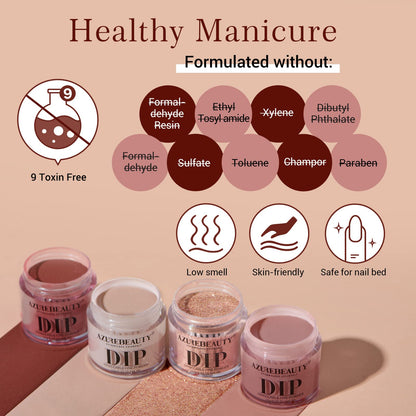 AZUREBEAUTY Dip Powder Nail Kit Starter — 4 Colors, No-Lamp, 12 Pcs with Base/Top Coat & Activator